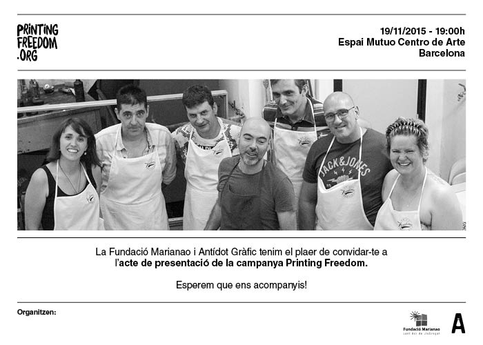 Invitación acto presentación Printing Freedom en Mutuo Centro de Arte de Barcelona